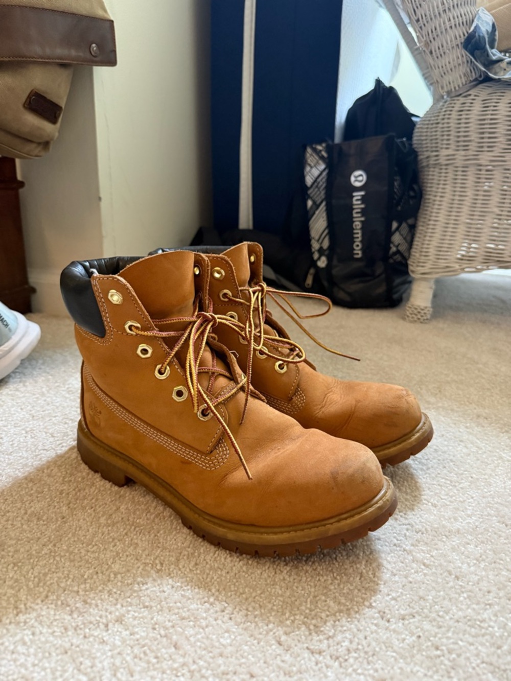 Timberland Women/Men's Tan Leather Work Boots with Black Collar